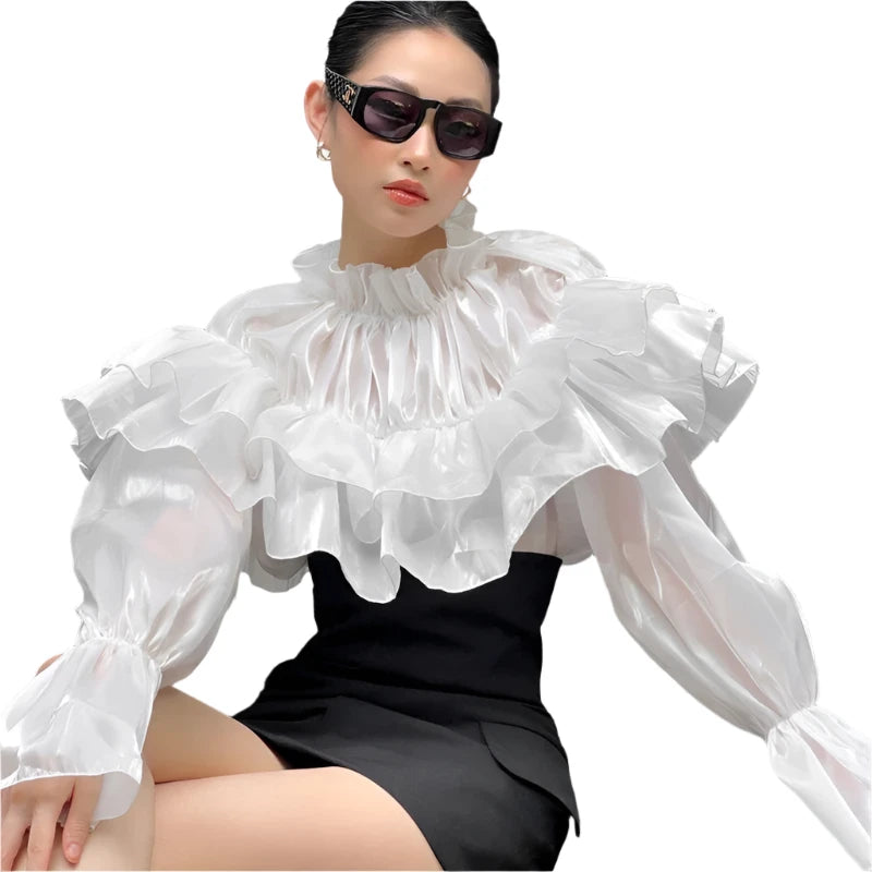 High street Women Ruffles blouse Fold Tops White Autumn Elegant Long sleeve Ruffled neck Female shirt Loose INKEO 2T230