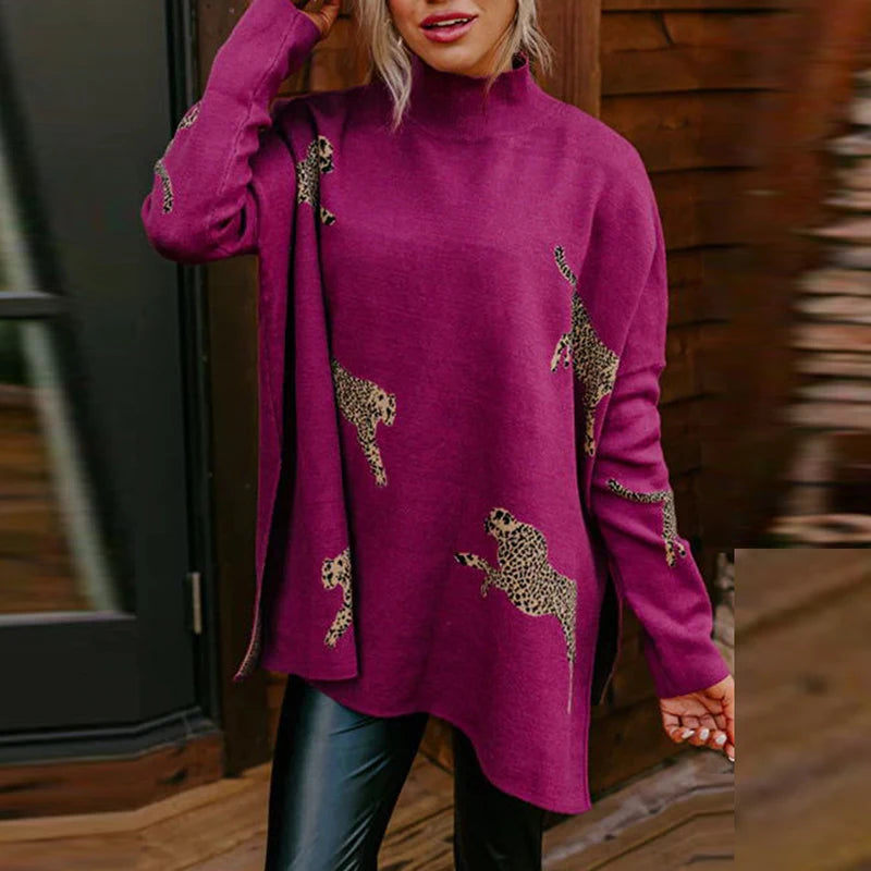 Autumn Winter Leopard Print Sweatshirt Women Turtleneck Long Sleeve Loose Blouses For Women Casual Jumper