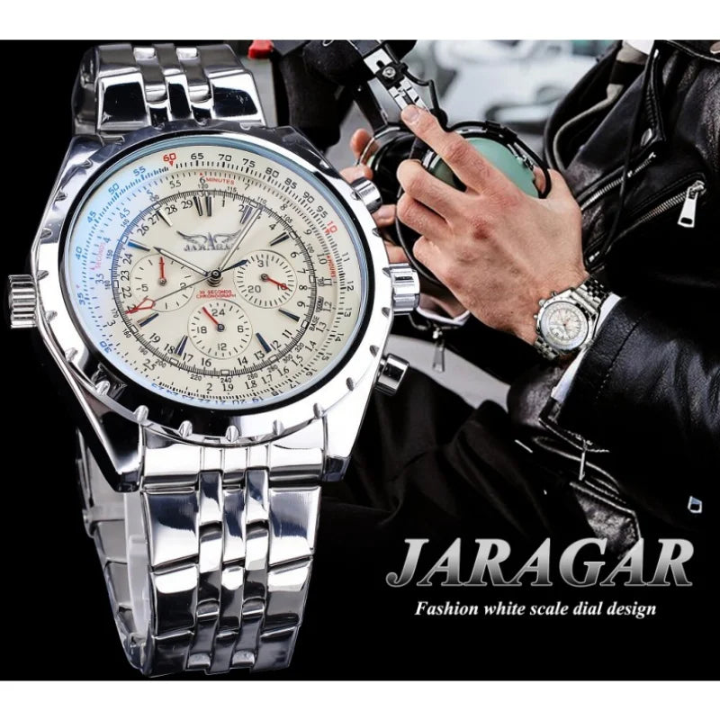 JARAGAR 212 Men's Fashion Automatic Mechanical Watches Leisure Hollowing Dial Chronograph Luminous Multifunctional Wristwatch