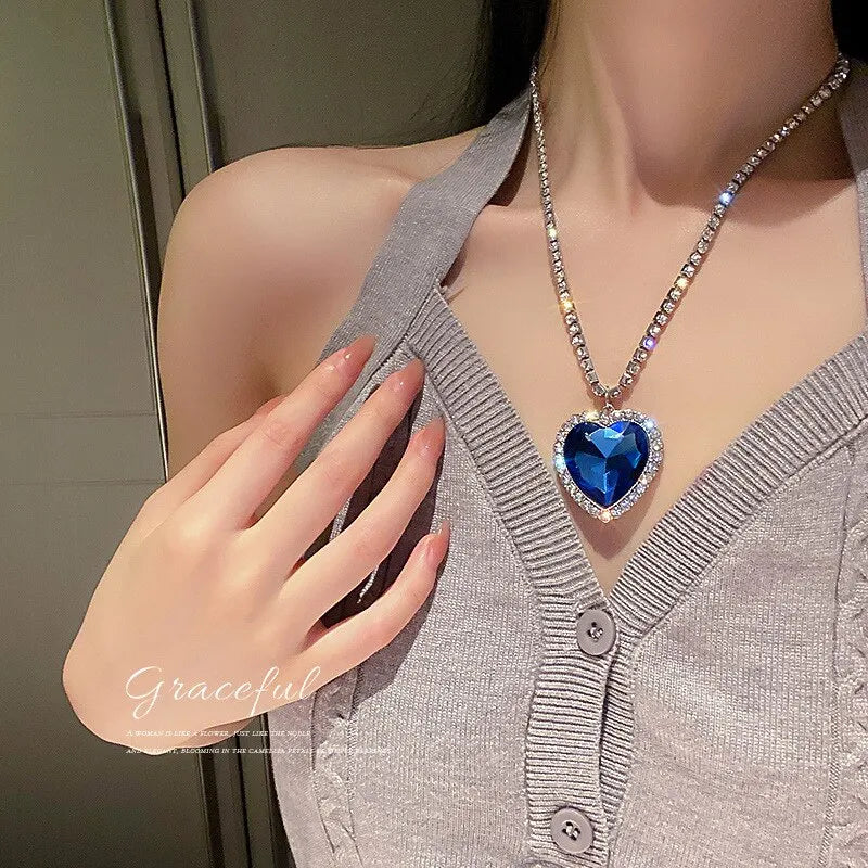 Heart of Ocean Blue Heart Necklaces for Women Rhinestone Crystal Long Chain Necklaces Love Forever Jewelry For Party Gifts