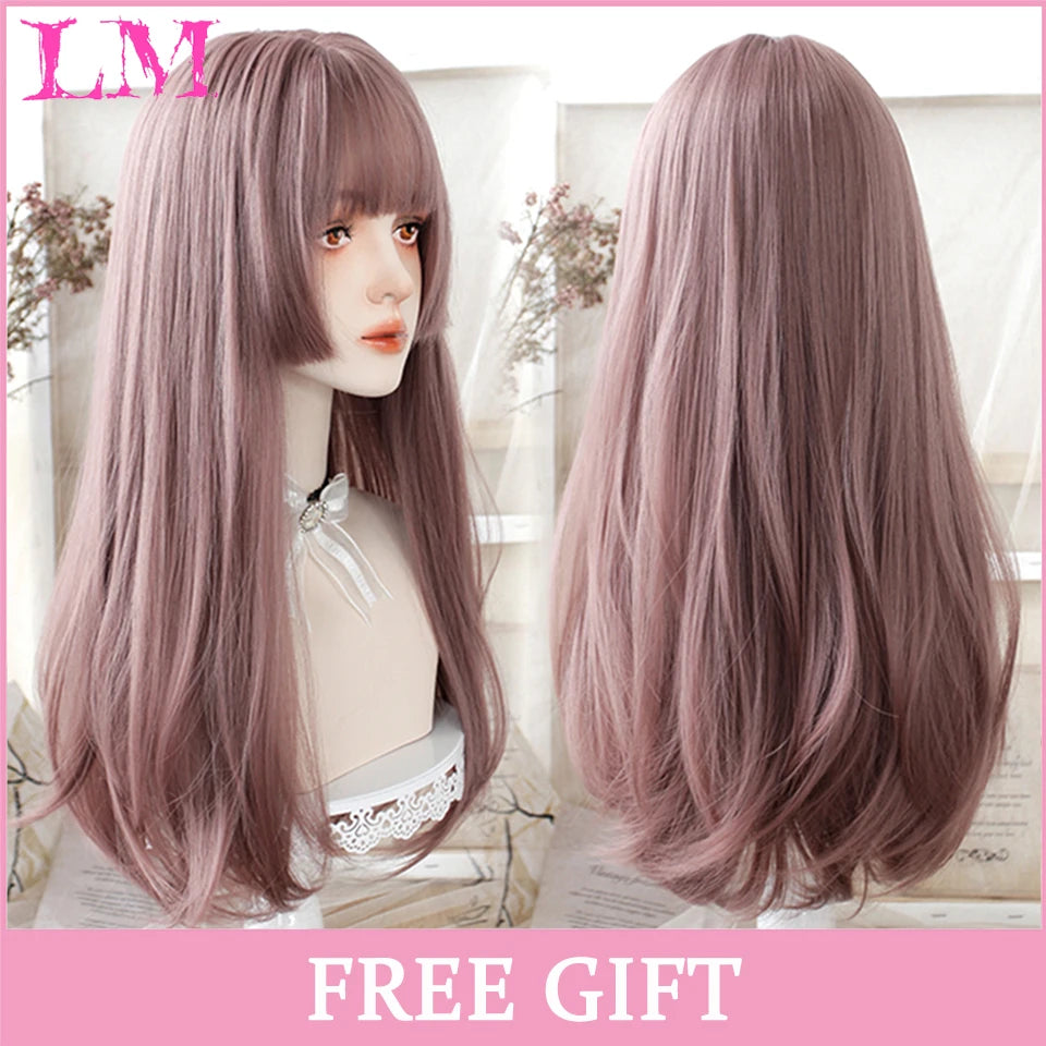 LM Long Natural Wavy Platinum Blonde Pink Wigs with Bangs Cosplay Party Lolita Synthetic Wigs for Women Heat Resistant Fiber