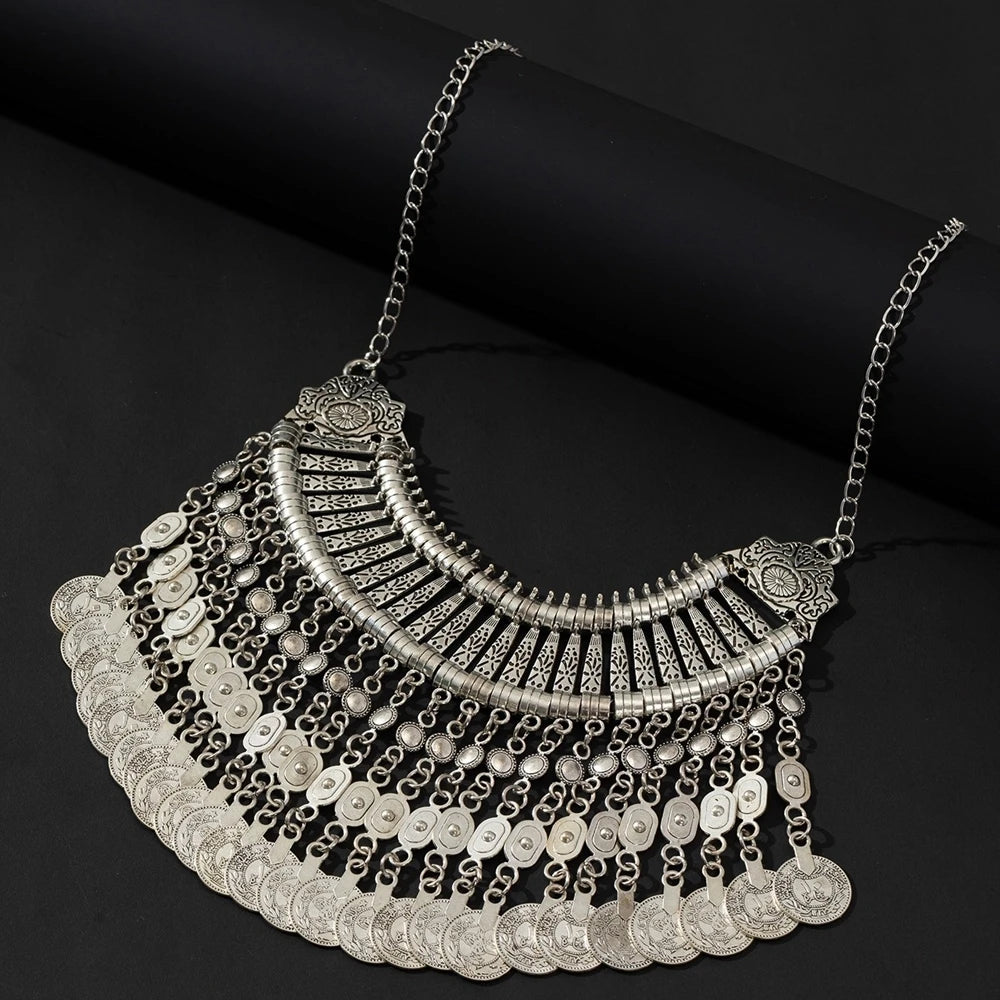 KIMLUD, Gypsy Bohemia Metal Coin Tassel Statement Choker Necklace Women Boho Afghan Turkish Ethnic Tribal Jewelry, T276silver, KIMLUD APPAREL - Womens Clothes