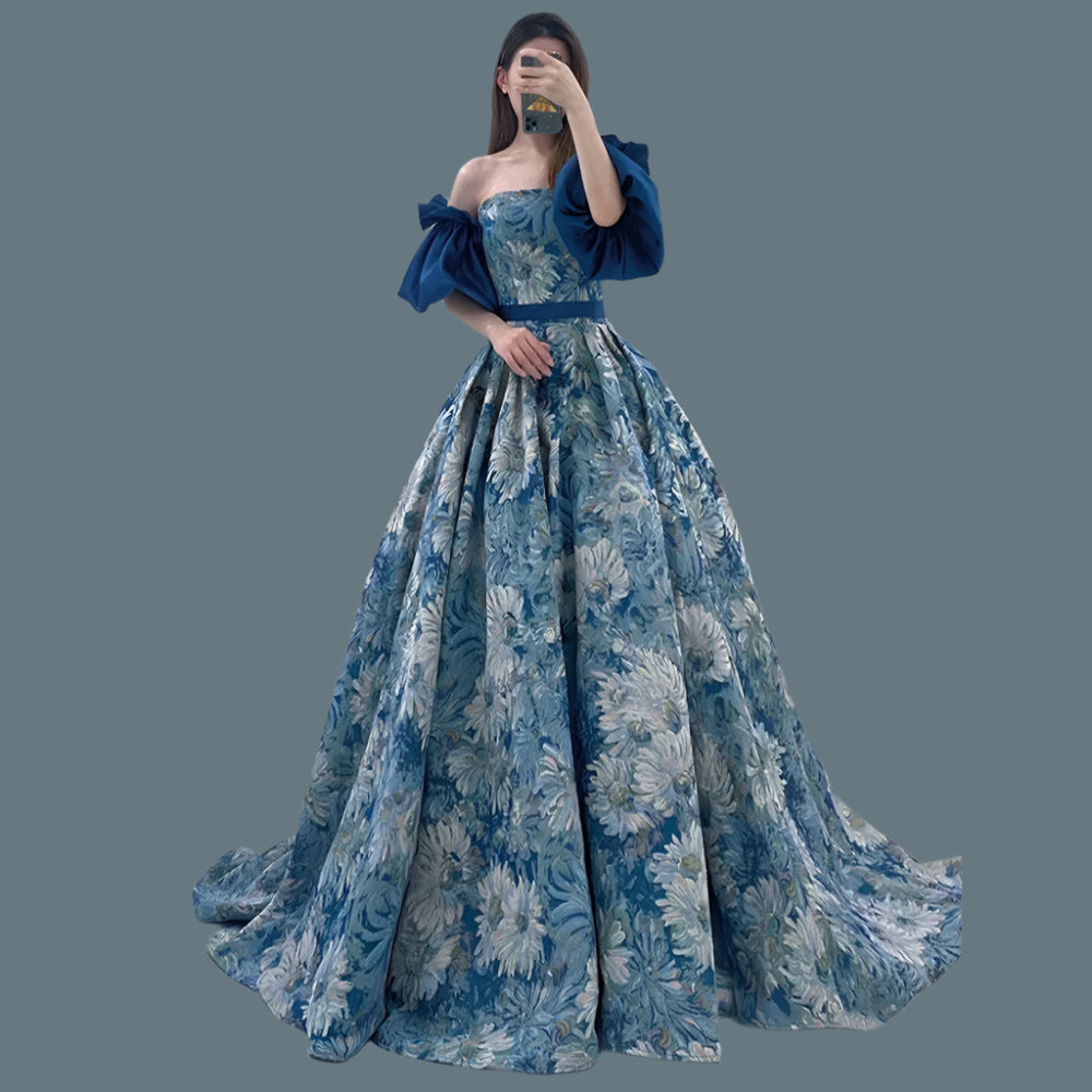 Luxury Flora Print Blue Korean Prom Dresses Removable Puff Sleeves Strapless A Line Evening Gowns Formal Occasion  Floor Length
