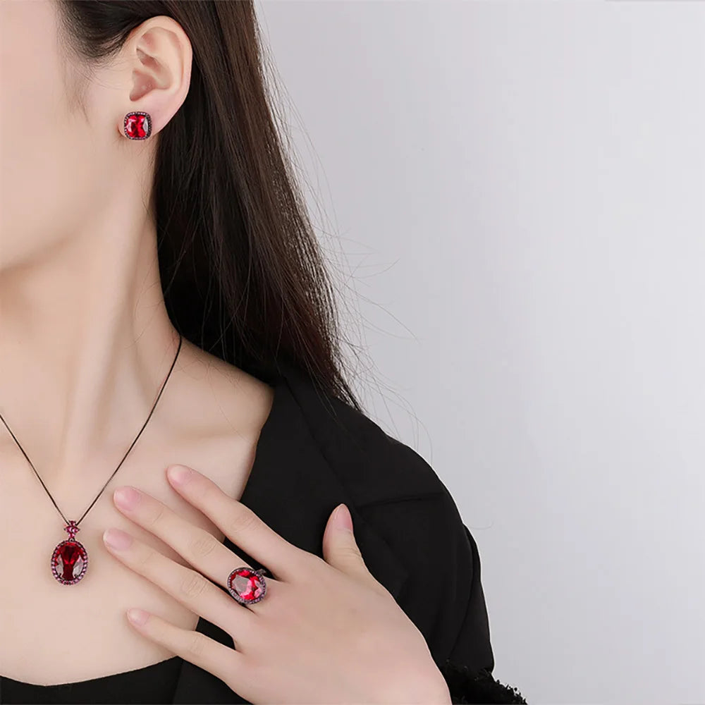 2024 New Vintage Blood Ruby Gemstone Necklace Pendant Ring Earrings Wedding Party Fine Jewelry Sets for Women Anniversary Gift