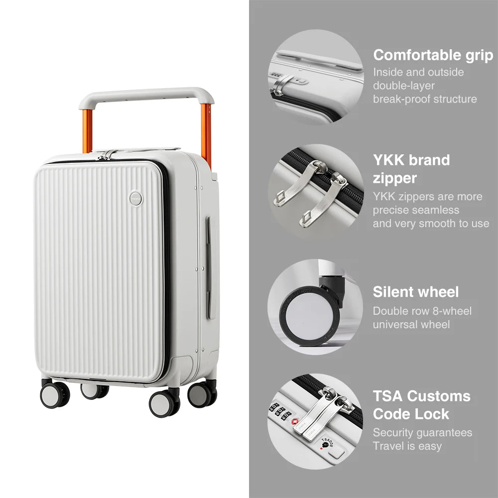 Mixi Front Laptop Pocket Suitcase Wide Handle Travel Suitcase Men 20''Carry-On Luggage Women PC Aluminum Frame Trolley Case 24'' - KIMLUD