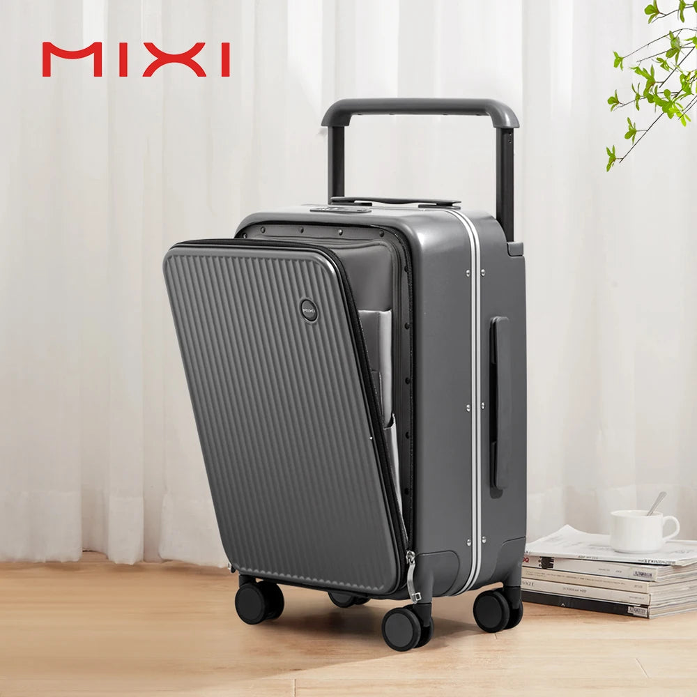 Mixi Front Laptop Pocket Suitcase Wide Handle Travel Suitcase Men 20''Carry-On Luggage Women PC Aluminum Frame Trolley Case 24'' - KIMLUD