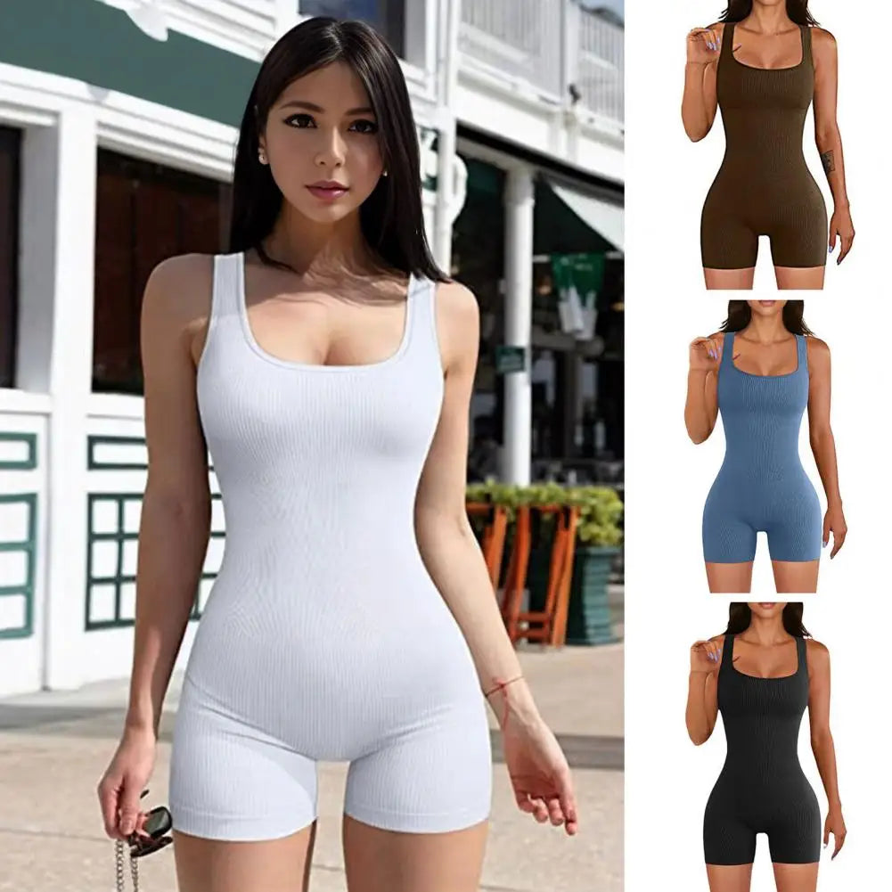 Women Sexy Yoga Ribbed Jumpsuit Short Sleeve Square Neck Slim Fit  Bodysuit Yoga Sport Playsuit Breathable Playsuit 2024