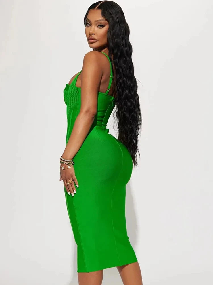 Celebrity Women Summer Sexy Sleeveless Backless Green Midi Bodycon Bandage Dress 2024 Elegant Evening Club Party Dress