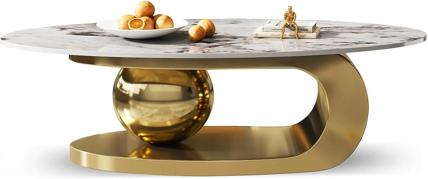 51" Lx28 Wx16.5 H.Modern Oval Stone Coffee Table with Abstract Gold Metal Base - Perfect Centerpiece for Stylish Living Rooms-Go