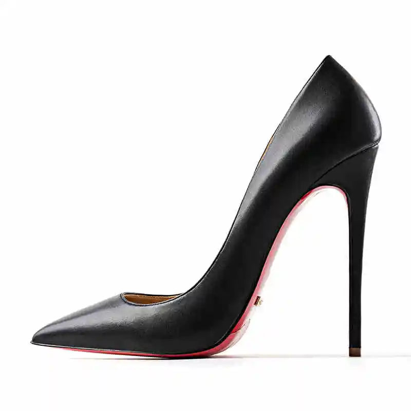 Women's heels 2025 trend Leather Luxury Pumps Red Bottom Pointed Toe High Heels Elegant Stiletto Party Ladies Shoes Woman 12cm - KIMLUD