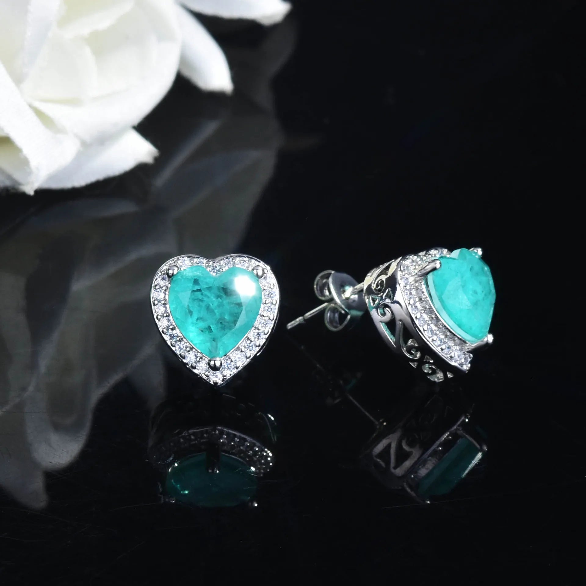 Silver Heart Shape Paraiba Tourmaline Gemstone Stud Earrings For Women Fashion Wedding Statement Jewelry Anniversary Gift - KIMLUD