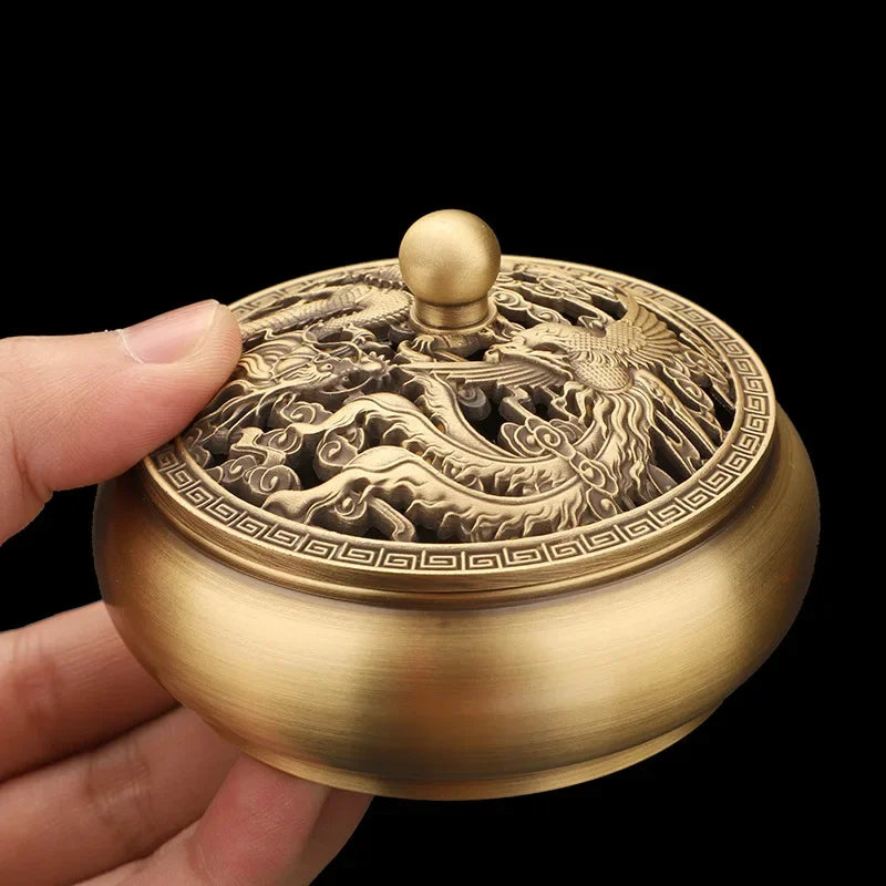 Beautiful Dragon and Phoenix Carved Copper Incense Burner Brass Incense Holder with Cover Sandalwood Round Censer Home Decor