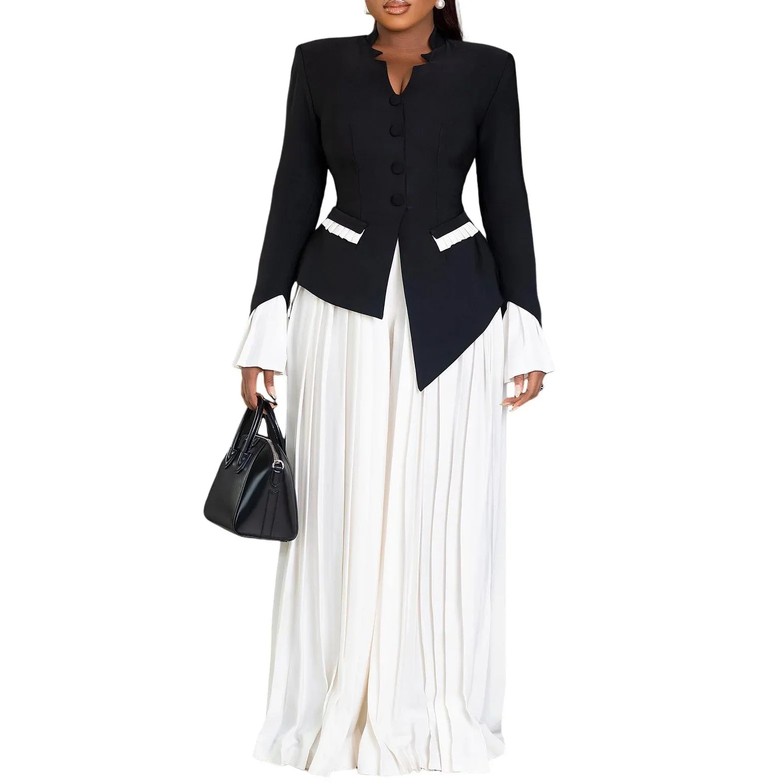 New Stylish Flared Sleeve Top Pleated Wide-leg Pants Two-piece African Suit