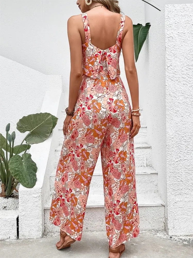 2024 Summer Elegant Long Jumpsuit Women Sexy Backless Wide Leg Casual Sleeveless Floral Rompers Summer Clothes Jumpsuits