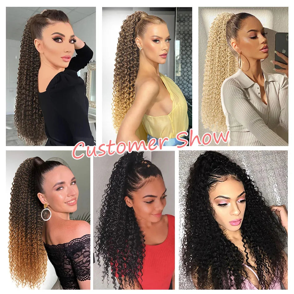 Synthetic Long Kinky Curly Ponytail 24inch Drawstring Ponytail Chip-In Hair Extension MT4/27# Wrap Around Ponytail