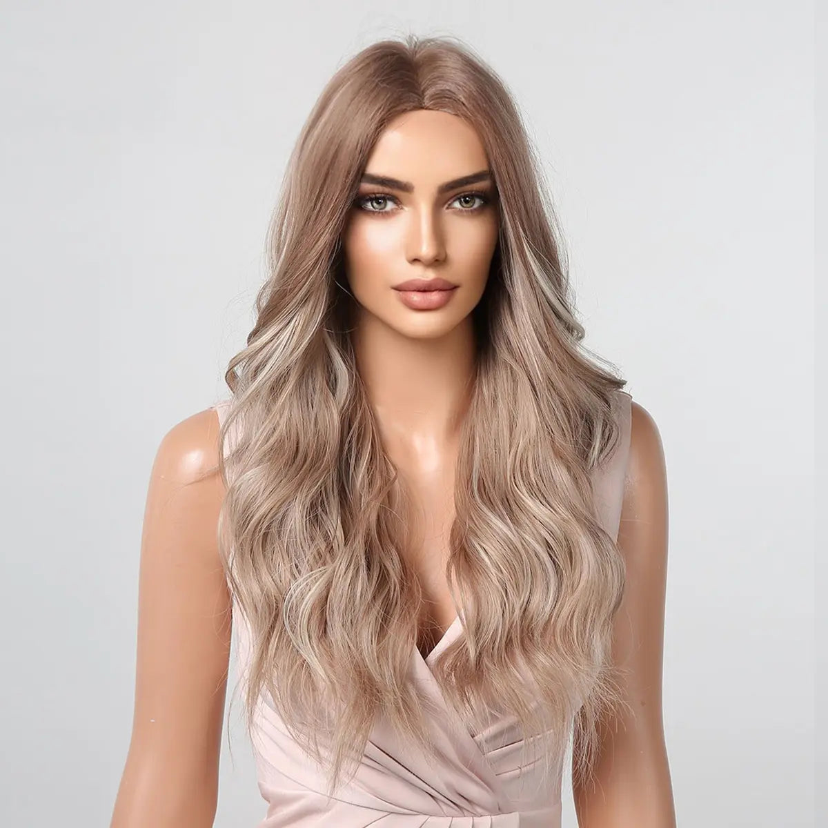 Long Wavy Wigs White Blonde Brown Roots Synthetic Natural Wave Hair Cosplay Wigs for Women High Temperature Fiber Middle Part - KIMLUD