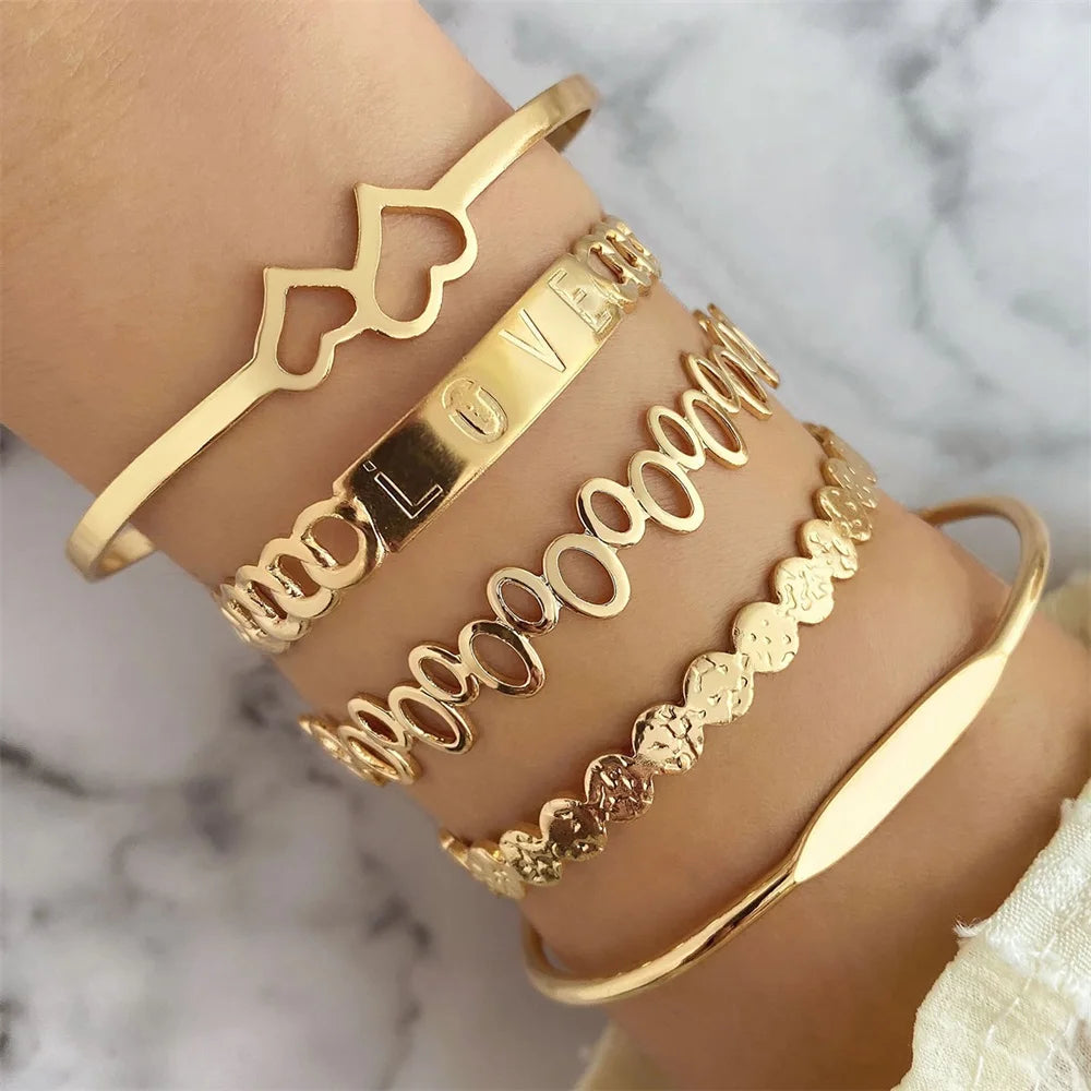 KIMLUD, FNIO Geometric Engraved Flower Leaf Star Bracelet For Women Girl Fashion Metal Gold Color LOVE Letter Open Bracelet Bangle Gift, FN832849, KIMLUD APPAREL - Womens Clothes