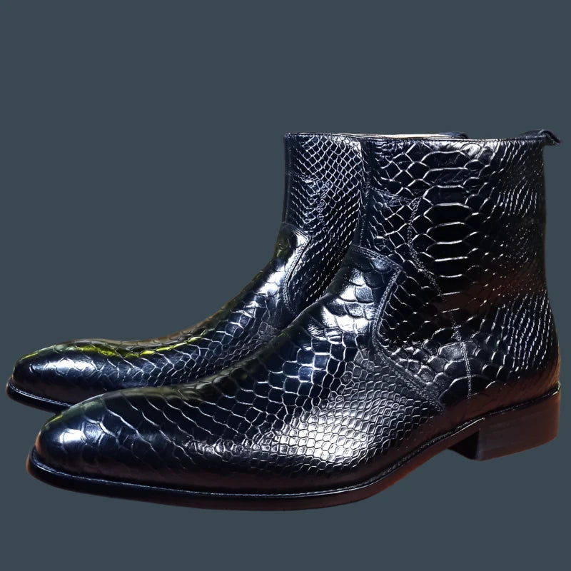 Luxury Men Mid-Calf Boots High Grade Python Print Shoes Casual Mens Dress Boots Winter Leather Chelsea Boots Shoes Men