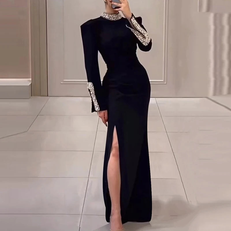 Women Elegant Solid High Slit Party Dress Temperament Long Sleeve Slim Evening Gala Dress Turtleneck Rhinestone Banquet Dresses