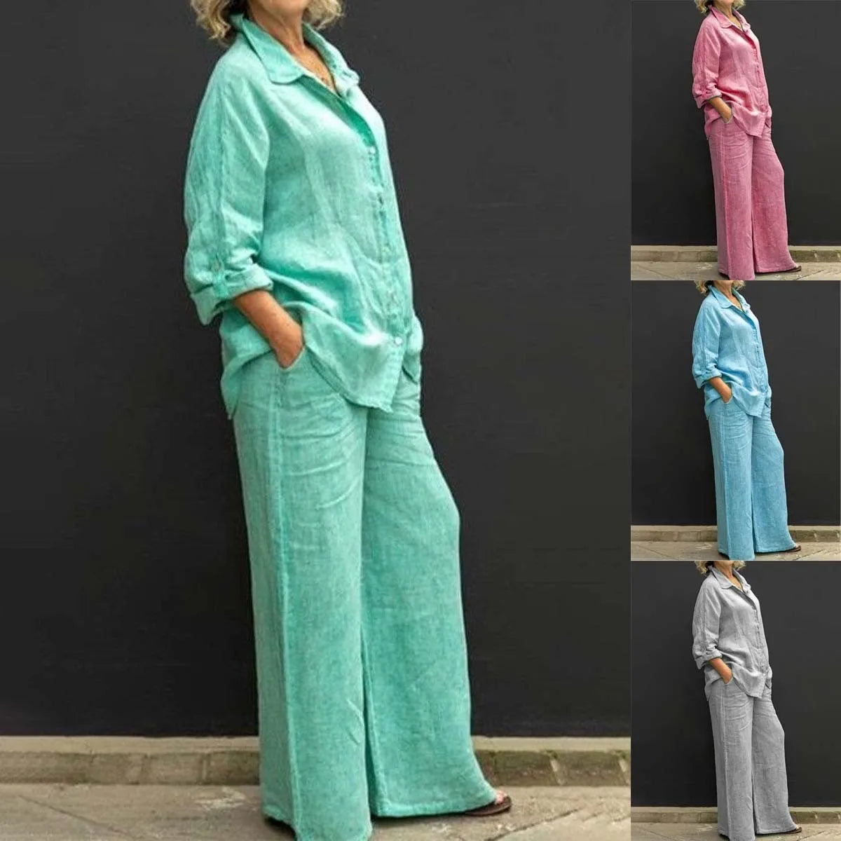 Solid Color Cotton Linen Shirt 2 Piece Set For Women Spring Autumn Long Sleeve Blouse Wide Leg Pants Suits Female Casual Outfits