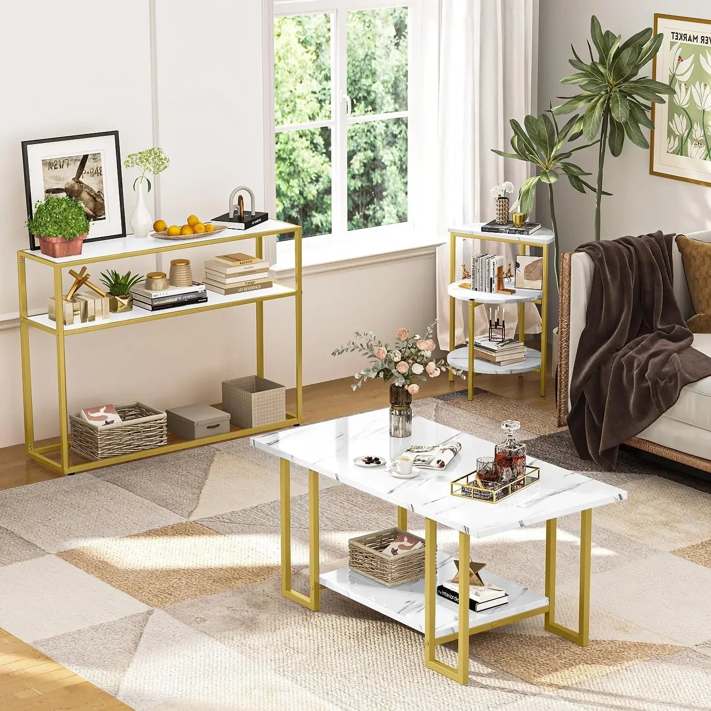 3 Pieces Modern Coffee Set, with End Table and Console Table, Contemporary Faux Marble Living Room Table Sets, White&Gold - KIMLUD