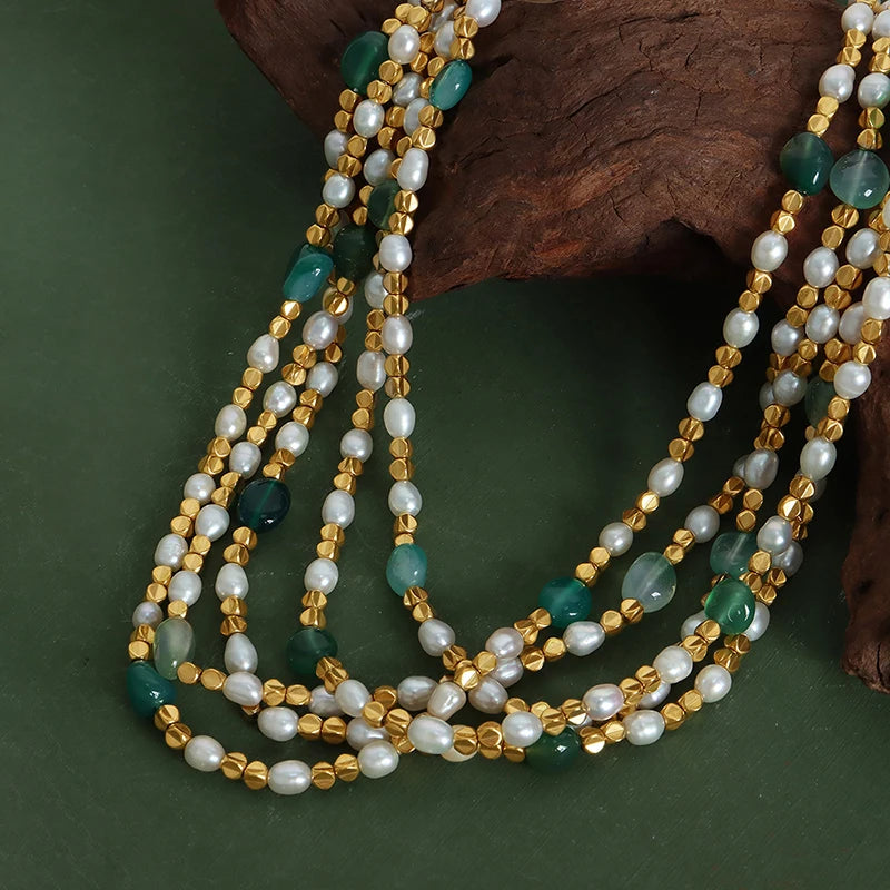 Women Natural Freshwater Pearl Necklace Green Natural Stone Jewelry Accessories Gold Plated Beaded Chain Girl Gift Sale