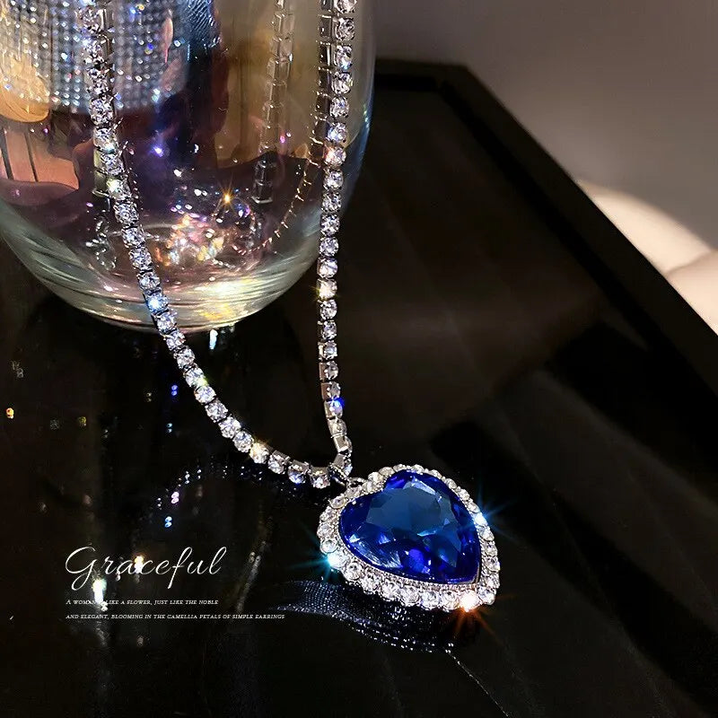 Heart of Ocean Blue Heart Necklaces for Women Rhinestone Crystal Long Chain Necklaces Love Forever Jewelry For Party Gifts