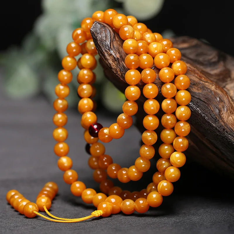 Myanmar Old Beeswax Circle 108 Beads Original Mineral Beeswax Amber Original Stone Necklace for Men and Women Hard Bracelets