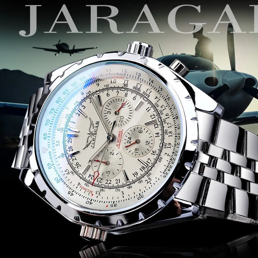 JARAGAR 212 Men's Fashion Automatic Mechanical Watches Leisure Hollowing Dial Chronograph Luminous Multifunctional Wristwatch