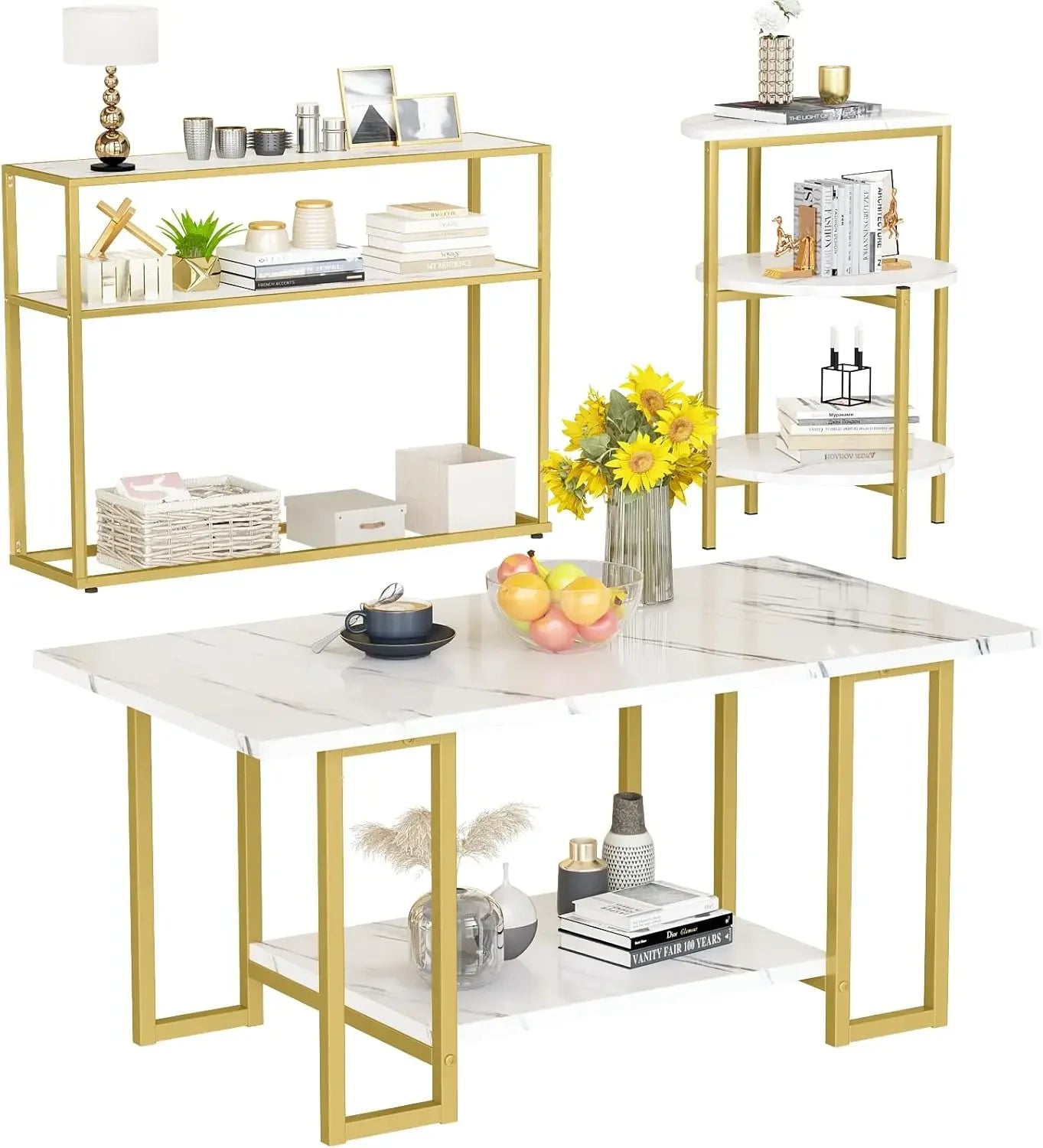 3 Pieces Modern Coffee Set, with End Table and Console Table, Contemporary Faux Marble Living Room Table Sets, White&Gold