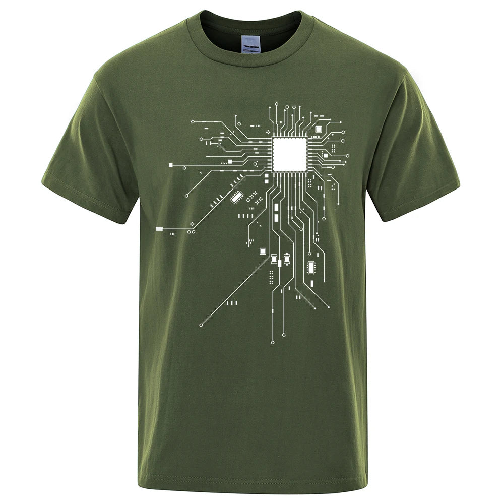 KIMLUD, CPU Processor Circuit Diagram T Shirt Men Summer Cotton T-shirt Men's Funny Tops Fashion Tees Homme Brand Unisex Clothes C99, Dark Green 1 / XXXL, KIMLUD APPAREL - Womens Clothes