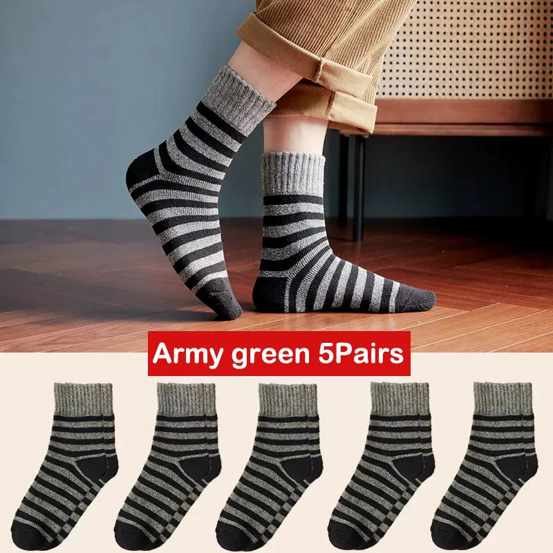 KIMLUD, 5pair Winter Thick Socks Men Super Thicker Solid Sock Striped Merino Wool Rabbit Socks Against Cold Snow Russia Winter Warm Sock, style 02 army green, KIMLUD APPAREL - Womens Clothes