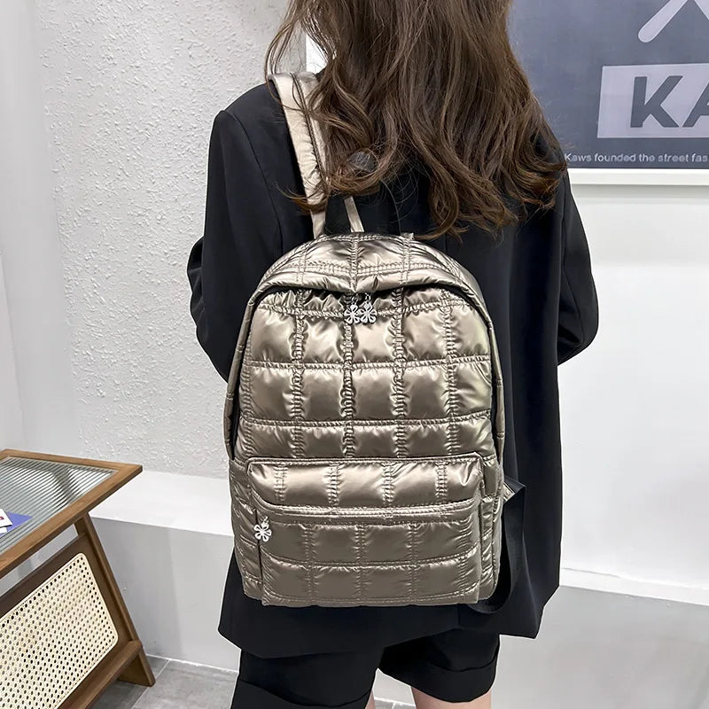 KIMLUD, Backpack Women's New Korean Fashion Space Cotton Backpack Diamond Designer Thread Shoulder Bag Large Capacity Down School Bag, KIMLUD Womens Clothes