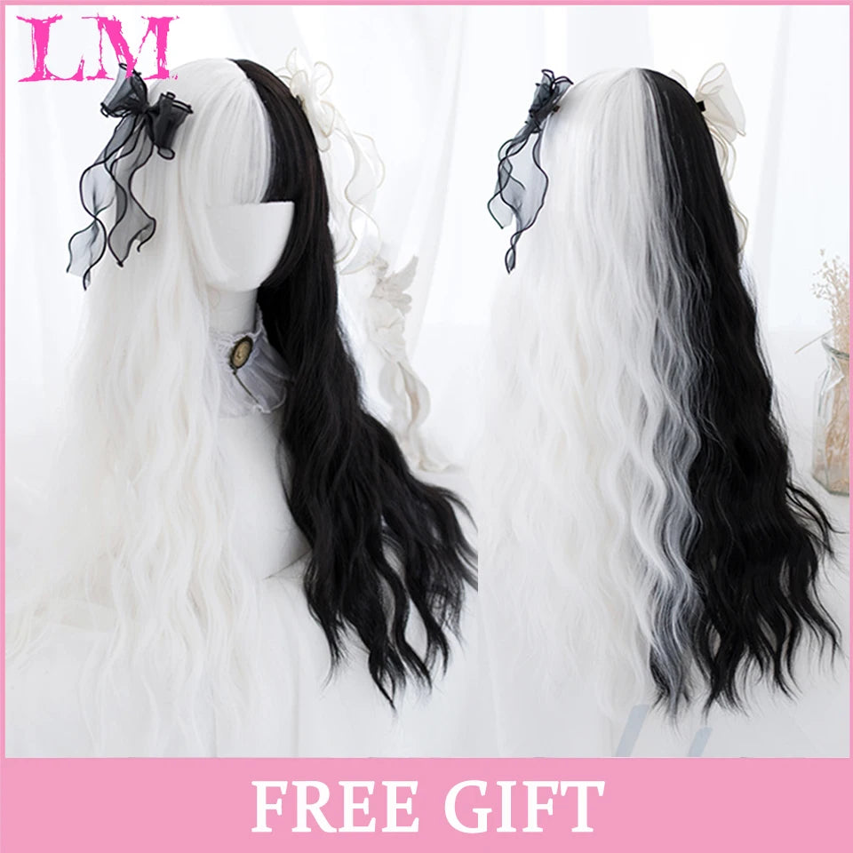 LM Long Natural Wavy Platinum Blonde Pink Wigs with Bangs Cosplay Party Lolita Synthetic Wigs for Women Heat Resistant Fiber