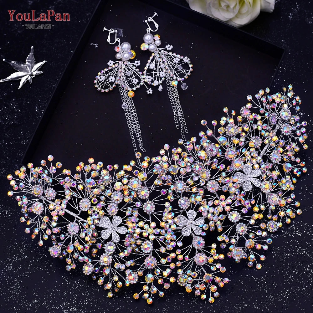 KIMLUD, YouLaPan Trendy Bridal Hair Hoop Colorful Rhinestone Wedding Crown Handmade Bride Tiara Hair Accessories Woman Headband HP193P-C, 240-C-crown earring, KIMLUD APPAREL - Womens Clothes