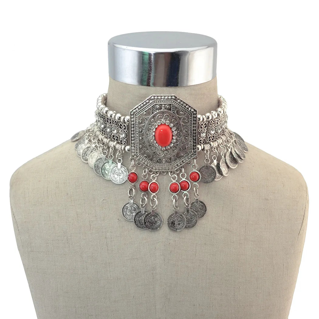 KIMLUD, Turkish Ethnic Tribal Tibeten Coin Chunky Necklace India Oxidized Collar Choker Bib Neck Chain Afghan Gypsy Statement Jewelry, red, KIMLUD APPAREL - Womens Clothes