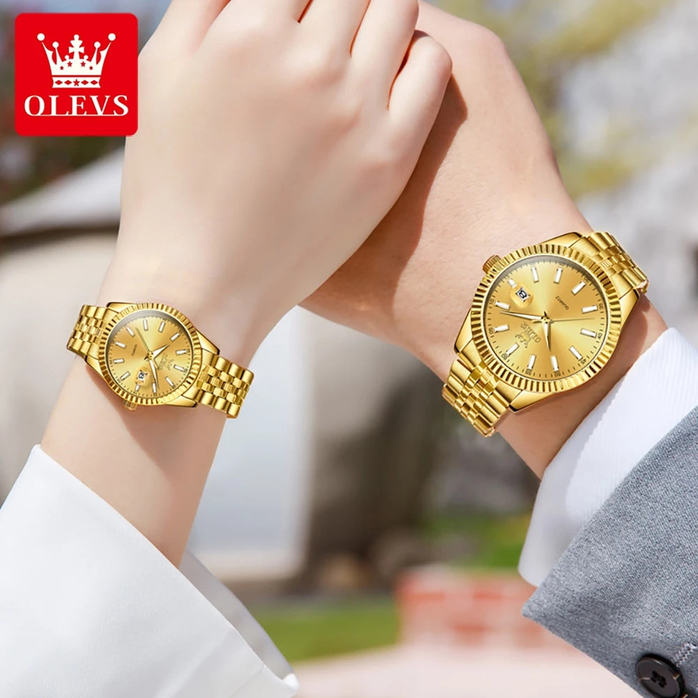 OLEVS Couple Watch Gold Stainless Steel Strap Quartz Watch His and Her Calendar Romantic Lover Original Luxury Male and Female