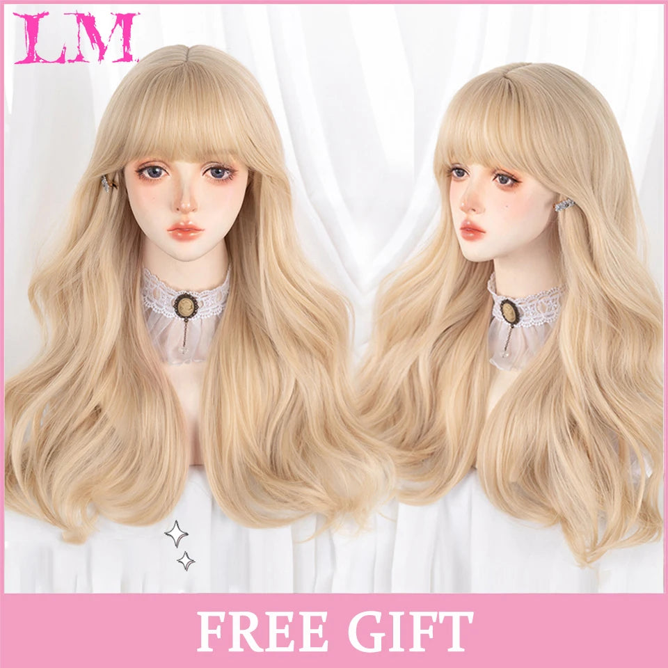 LM Long Natural Wavy Platinum Blonde Pink Wigs with Bangs Cosplay Party Lolita Synthetic Wigs for Women Heat Resistant Fiber