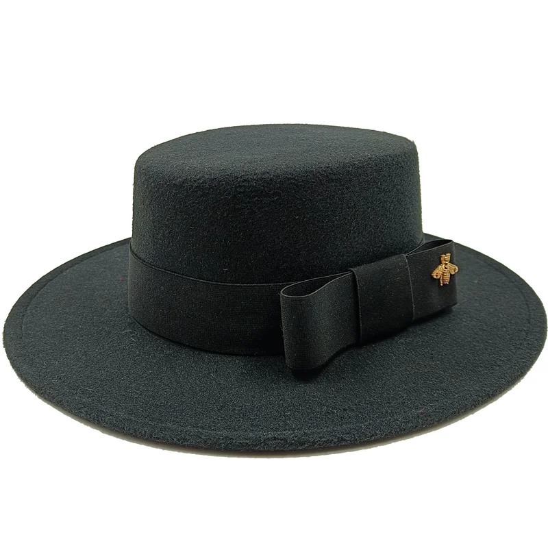 KIMLUD, Wholesale Fedora hats Winter round concave convex surface flat top bow elastic ribbon men&#39;s and women&#39;s felt jazz hats Fedora, 7 / China / 56-58cm, KIMLUD APPAREL - Womens Clothes