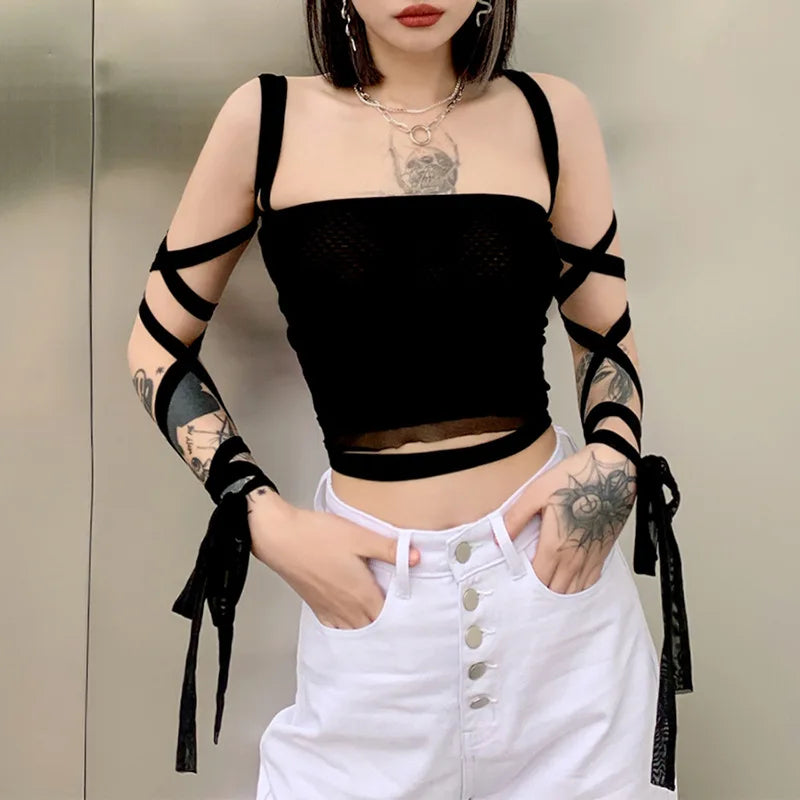 Black Mesh Lace Up Bandage Crop Top Fairy Grunge Aesthetic Clothes Cyber Y2k Mall Goth Tanks Sexy Clothing