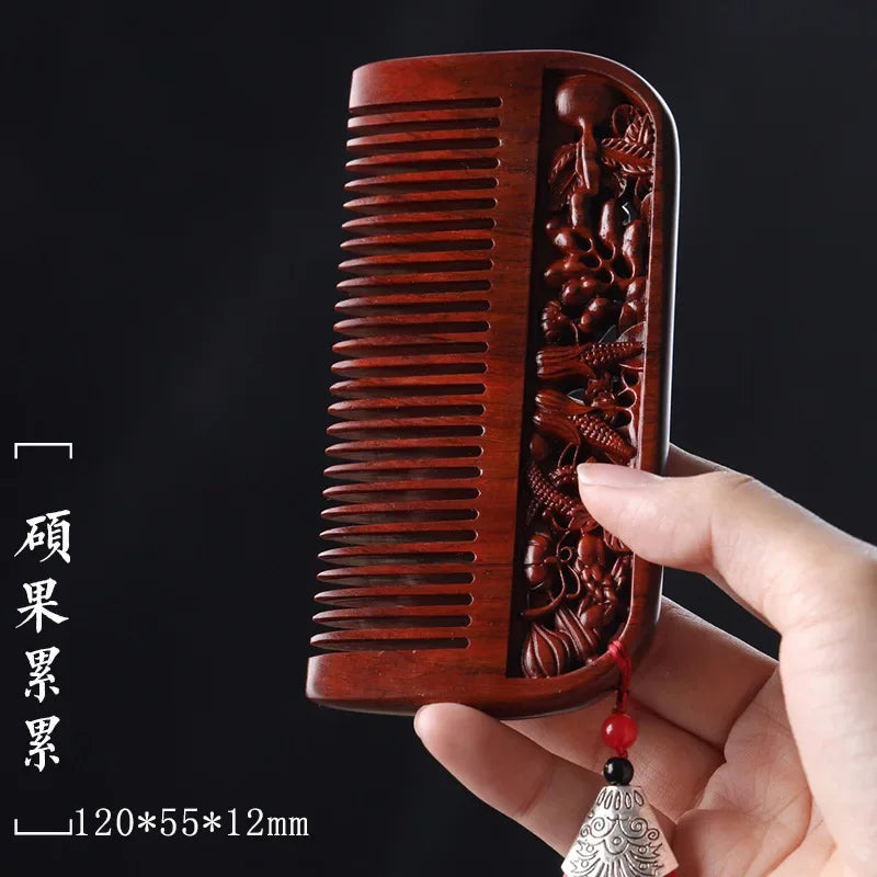 Natural Rhinoceros Horn Small Leaf Red Sandalwood Carved Wood Comb Retro Style Massage Comb Gifts with comb - KIMLUD