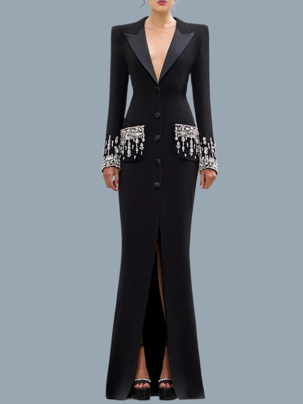 Modphy Elegant Black V-Neck Long Sleeve Diamond Beads Saudi Prom Gown Floor Length Formal Evening Party Dresses For Women 2024