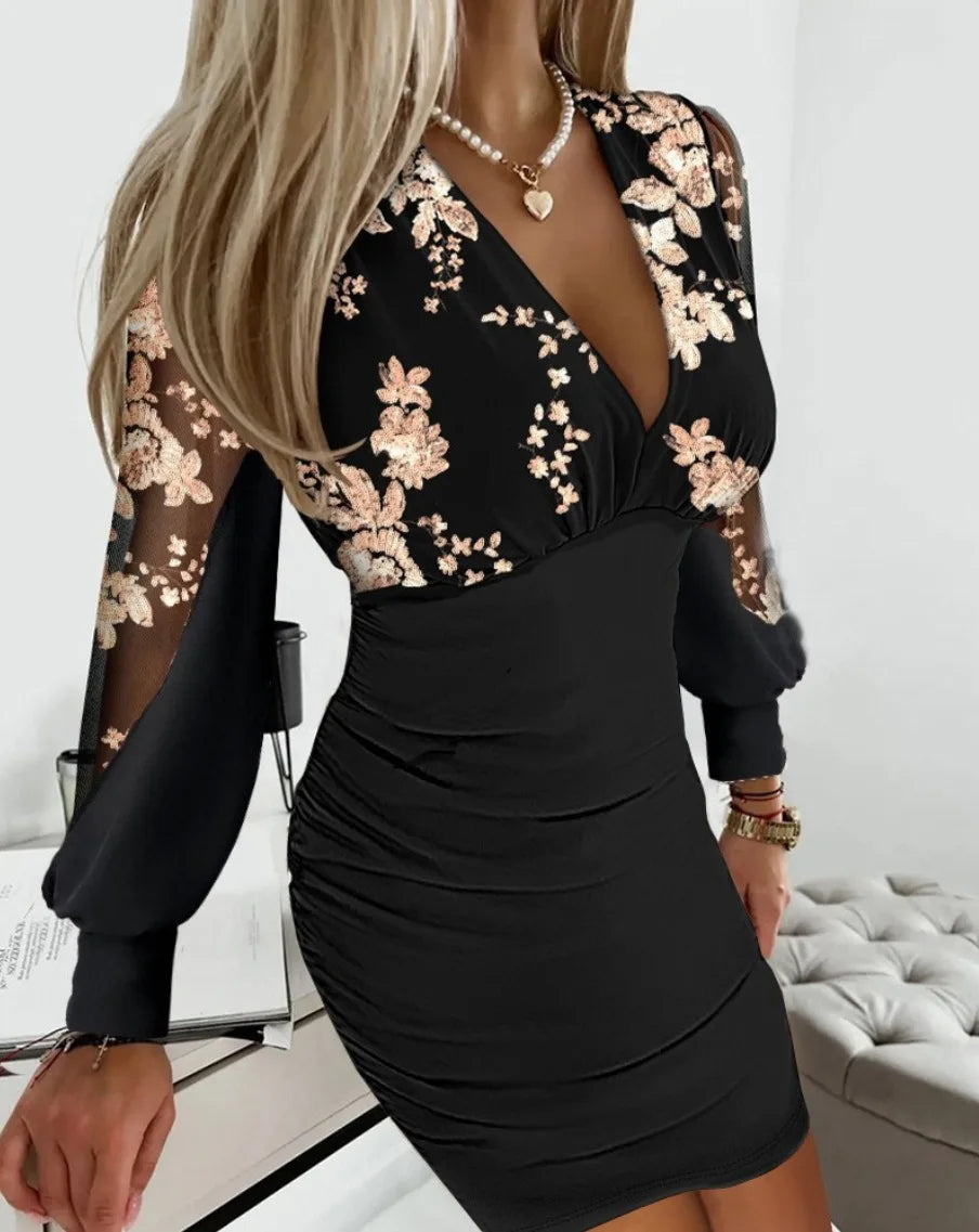 Sexy Deep V-neck Bodycon Dress Women Fashion Long Sleeve Print Dresses For Women 2024 Autumn Winter Mesh Patchwork Mini Dress