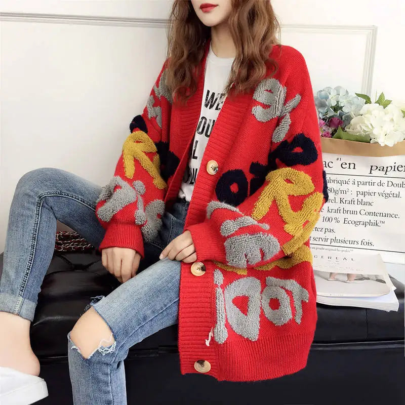 KIMLUD, Slouchy Style Sweater Women's Cardigan Loose Autumn and Winter Korean 2023 New Style Outerwear Knitted Jacket Medium Length, KIMLUD Womens Clothes