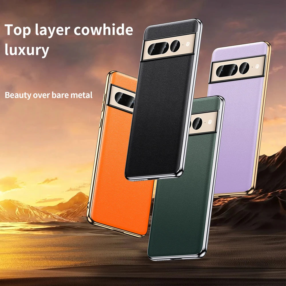 KIMLUD, Genuine Cowhide Leather Phone Case for Google Pixel 9 Pro XL 8 7 6 Pro 7A 6A Luxury Plating Shockproof Full Protection Cover, KIMLUD Womens Clothes