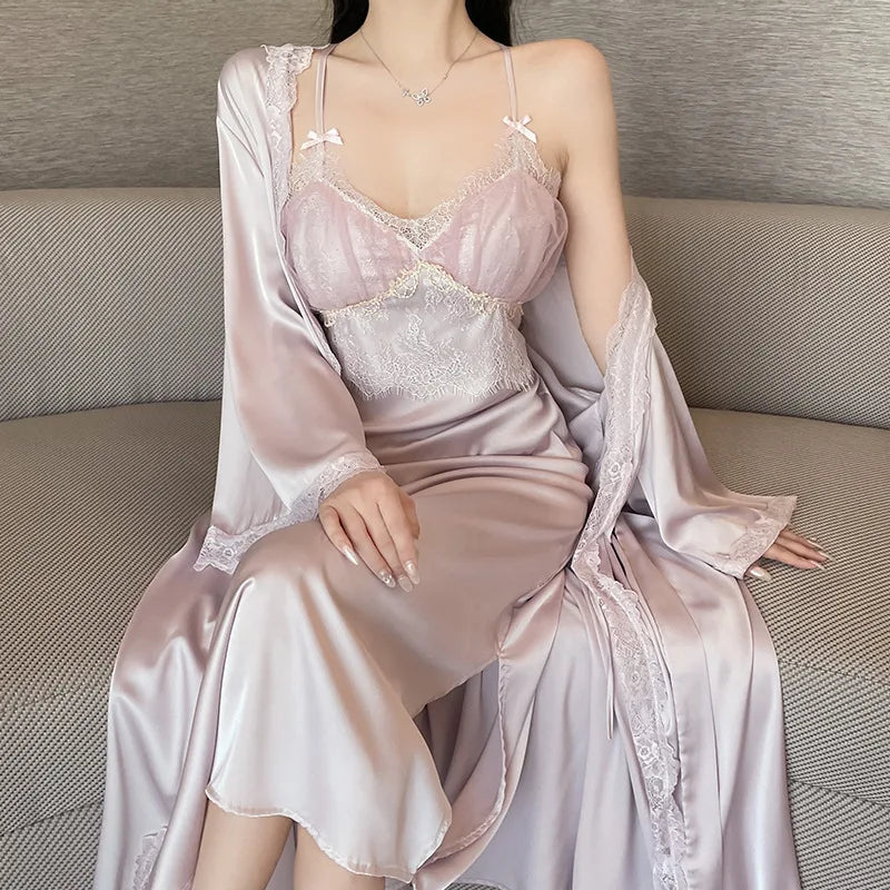 Elegant Long Robe Suit Sexy Home Dressing Gown Lace Trim Kimono Bathrobe Backless Nighty&robe Set Intimate Lingerie Nightgown