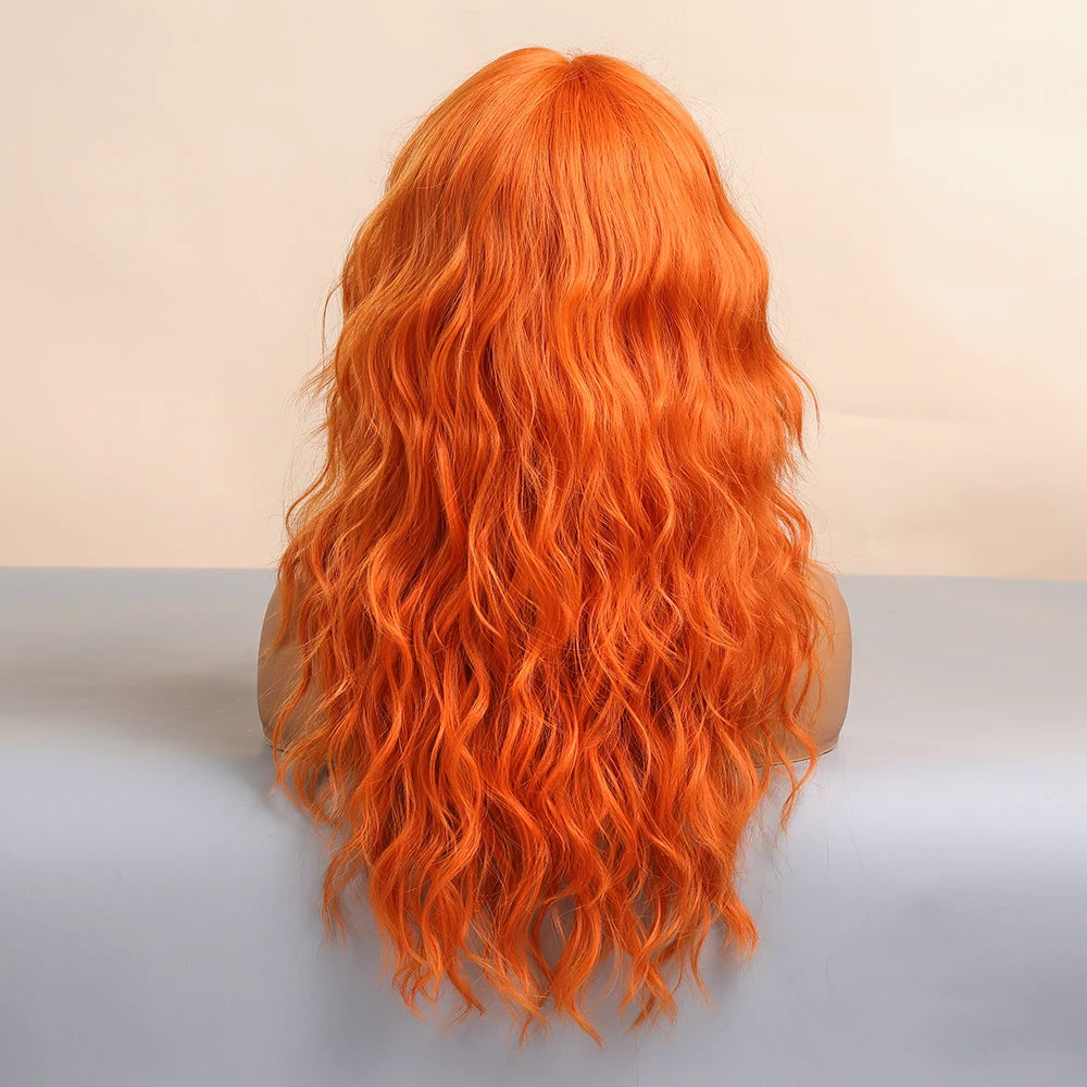 Cosplay Ginger Orange Long Curly Synthetic Wigs with Bangs Deep Wave Lolita Hair for Women Halloween Party Daily Heat Resistant