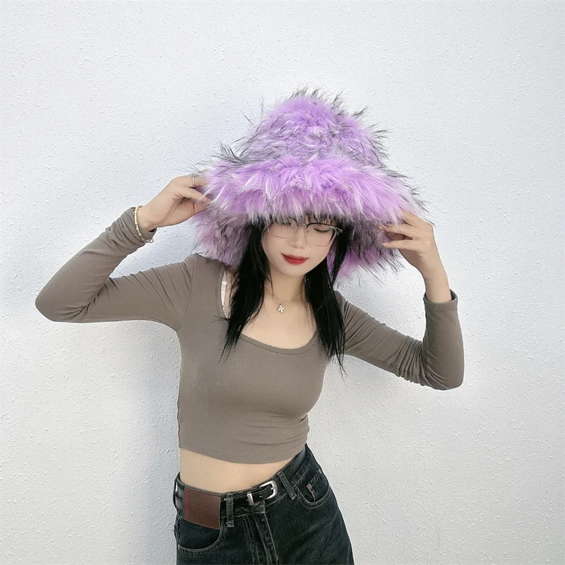 Winter Women Faux Fur Bucket Hat Warm Raccoon Fur Hat Oversize Outdoor Punk Hat Girl Fashion Long Fur Bucket Hat Furry Cute Cap