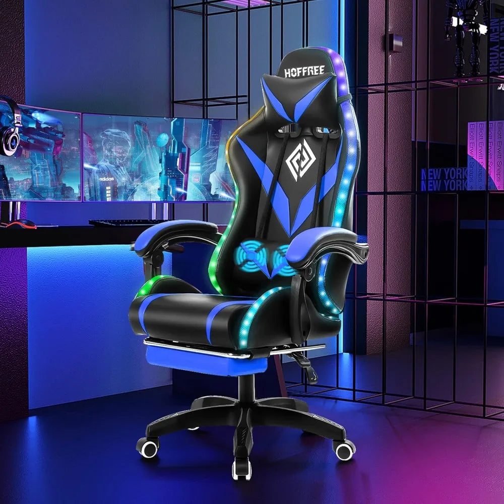 Gaming Chair with Massage and LED Lights Ergonomic Video Game Chairs with Footrest High Back Reclining Computer Chair