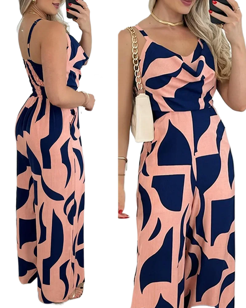 KIMLUD, Women Sexy Spaghetti Strap Print Backless Wide Leg Jumpsuits, Pink / L, KIMLUD APPAREL - Womens Clothes